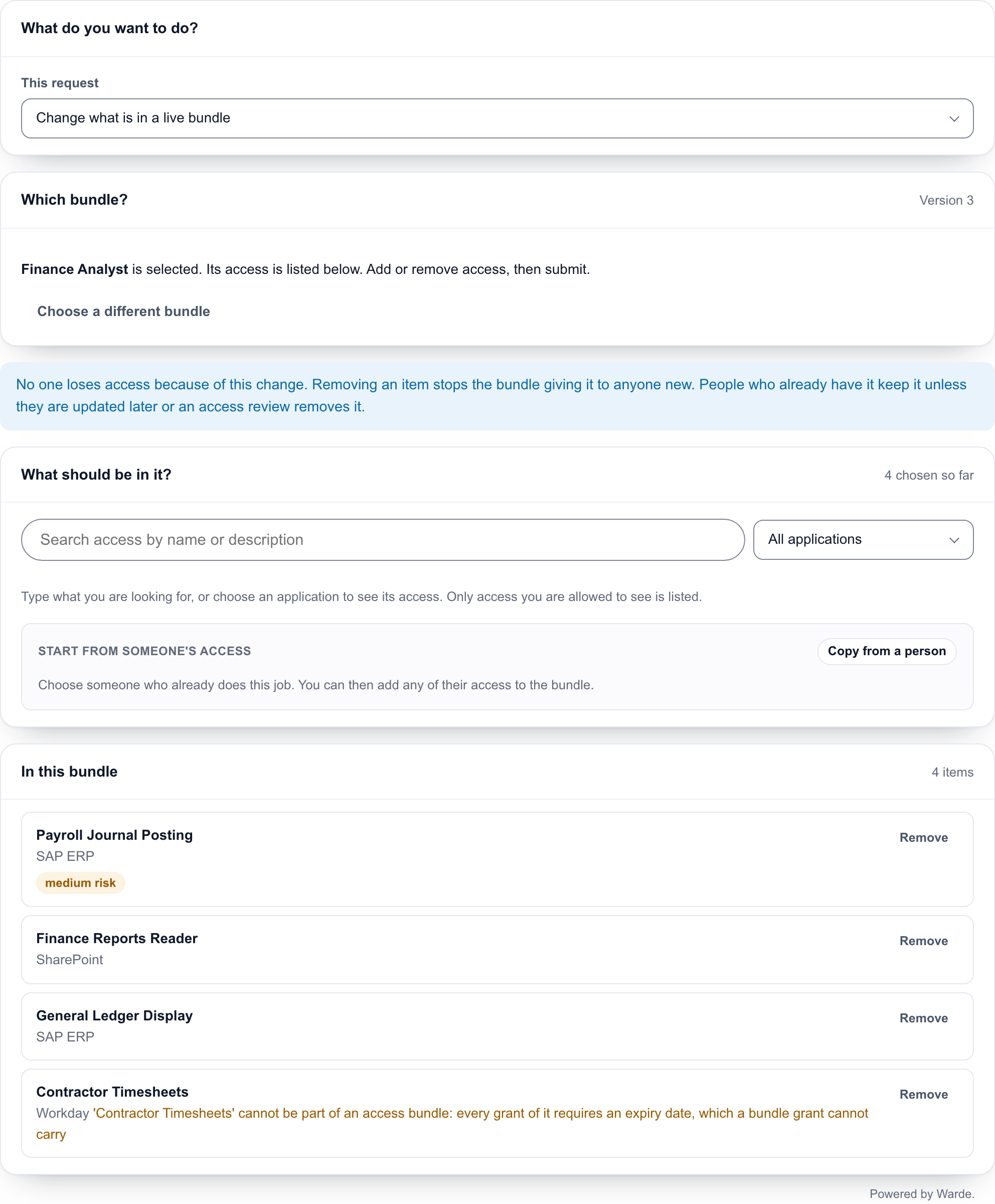 The form changing the live Finance Analyst bundle at version 3, listing its four items, one of which cannot be in a bundle because it must always have an expiry date