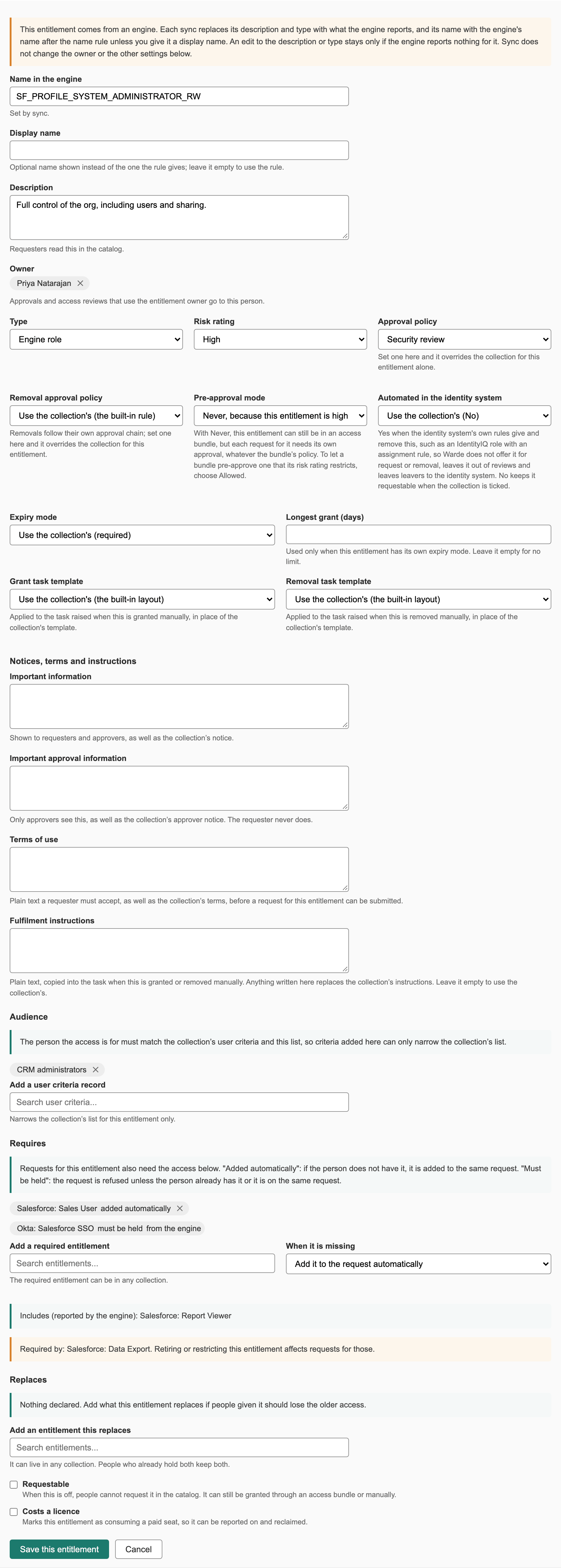 The drawer for one entitlement in Collection Onboarding step 7: its name in the engine, display name, description, owner, type, risk, policies, expiry, notices, audience, what it requires and replaces, and the Requestable and Costs a licence tick boxes