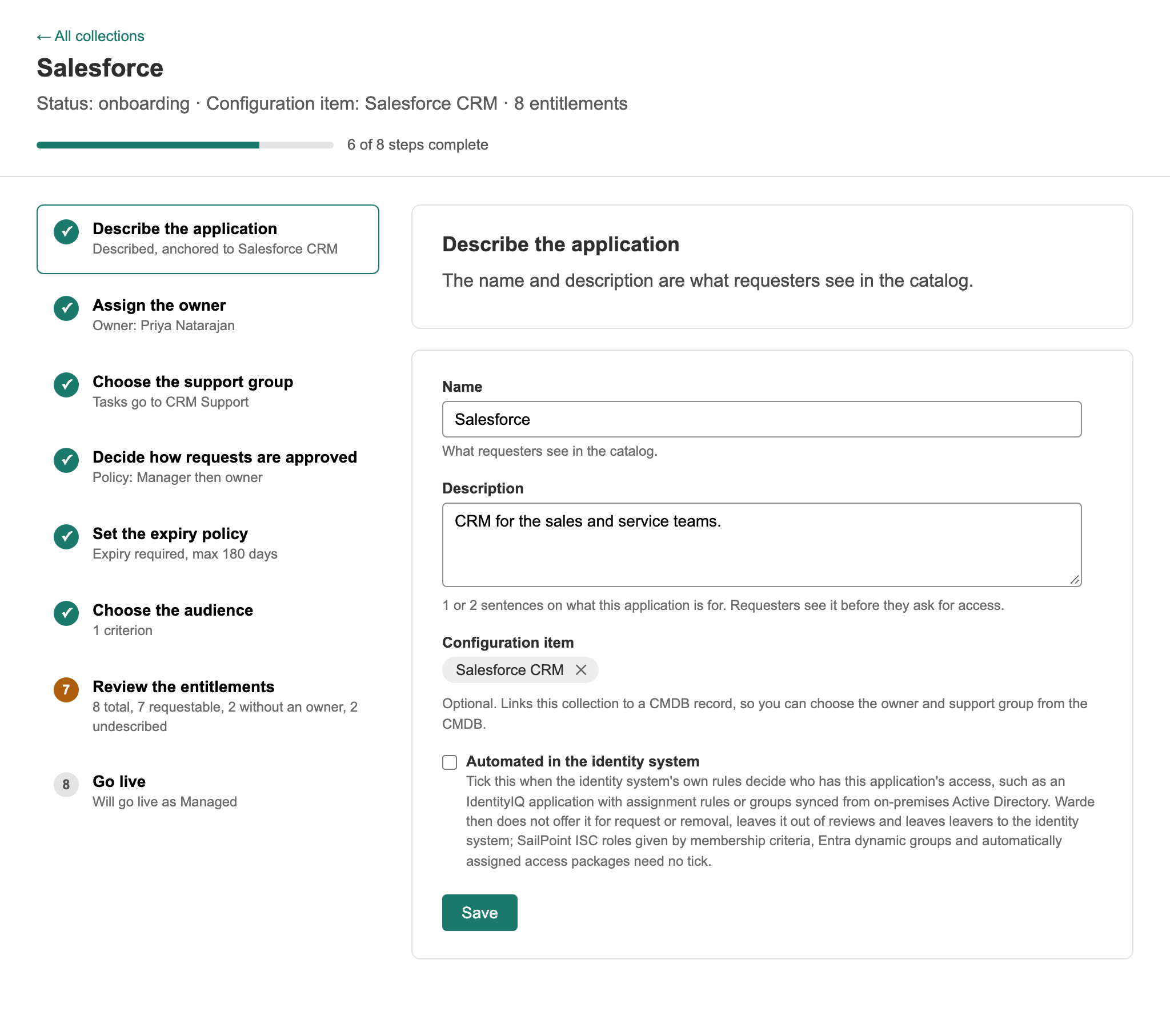 Step 1, Describe the application, for Salesforce: the name, a description, the configuration item Salesforce CRM, and the Automated in the identity system tick box