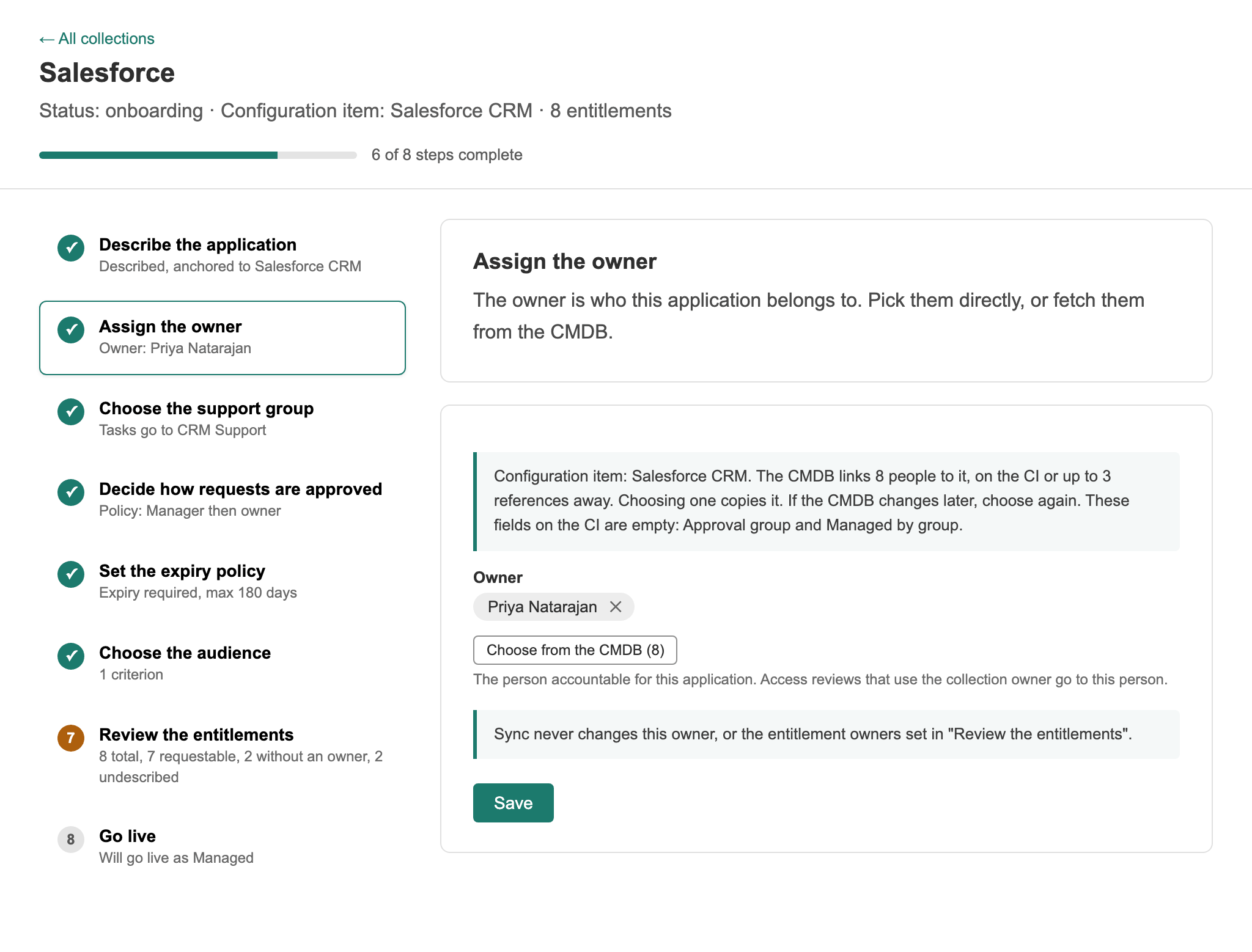 Step 2, Assign the owner, with Priya Natarajan chosen and a button to choose from the 8 people the CMDB links to the configuration item