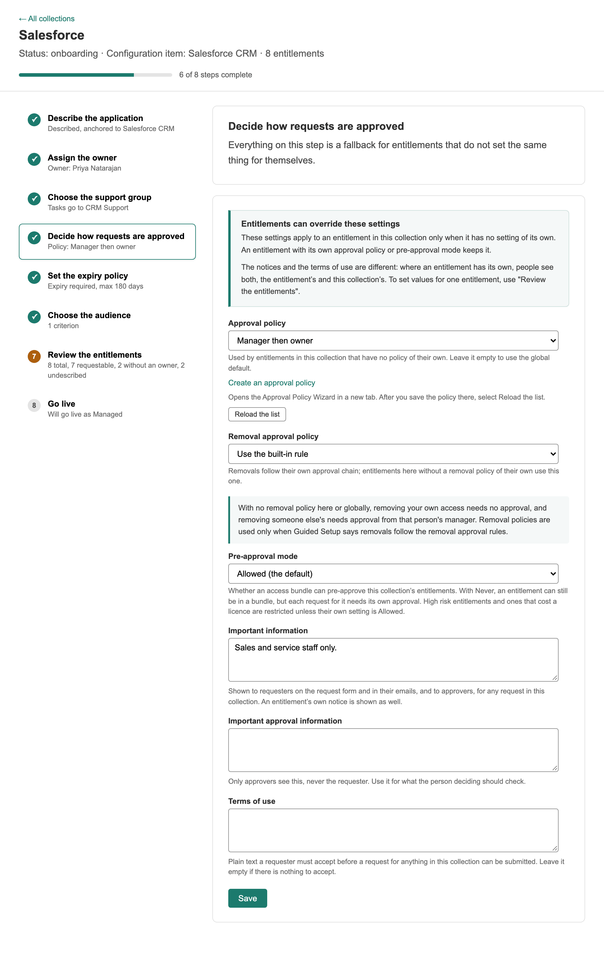 Step 4, Decide how requests are approved, with the Manager then owner policy, the built-in removal rule, pre-approval allowed and an important information notice