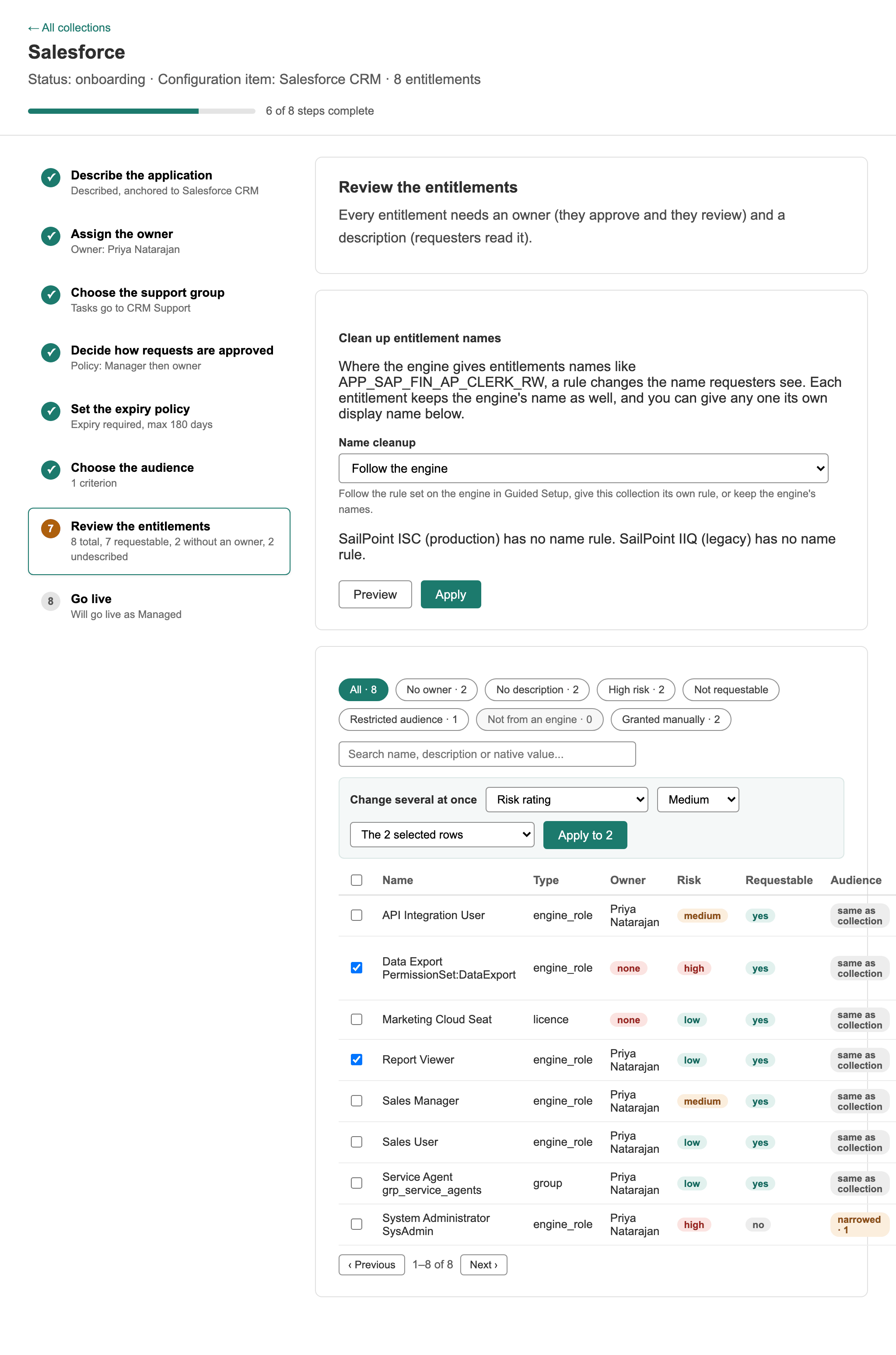 Step 7, Review the entitlements: the name rule, filters such as No owner and High risk, the Change several at once bar set to change the risk rating of two selected rows, and the grid of eight entitlements