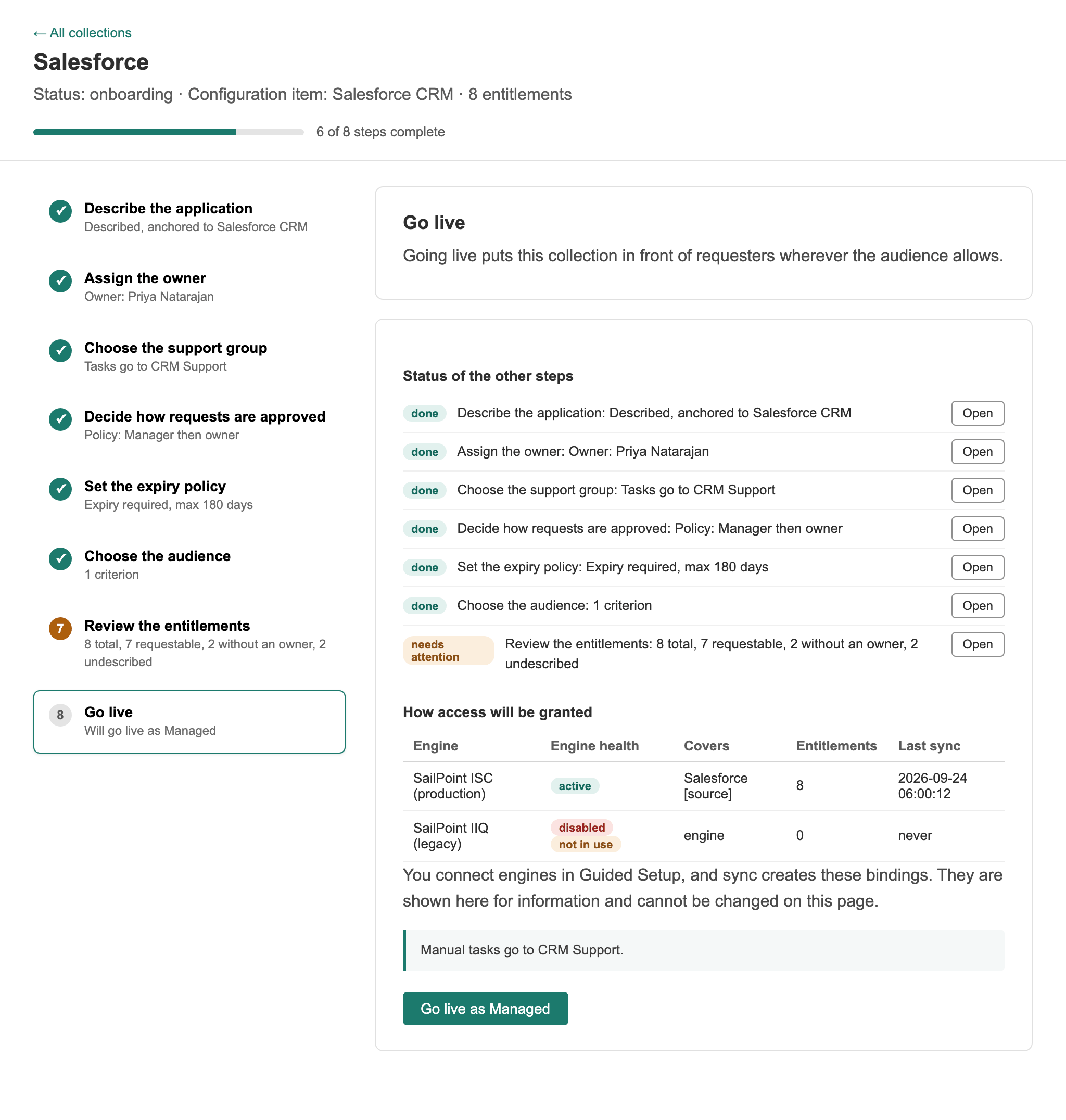 Step 8, Go live, listing the status of every other step, how access will be granted through SailPoint ISC (production), and the Go live as Managed button