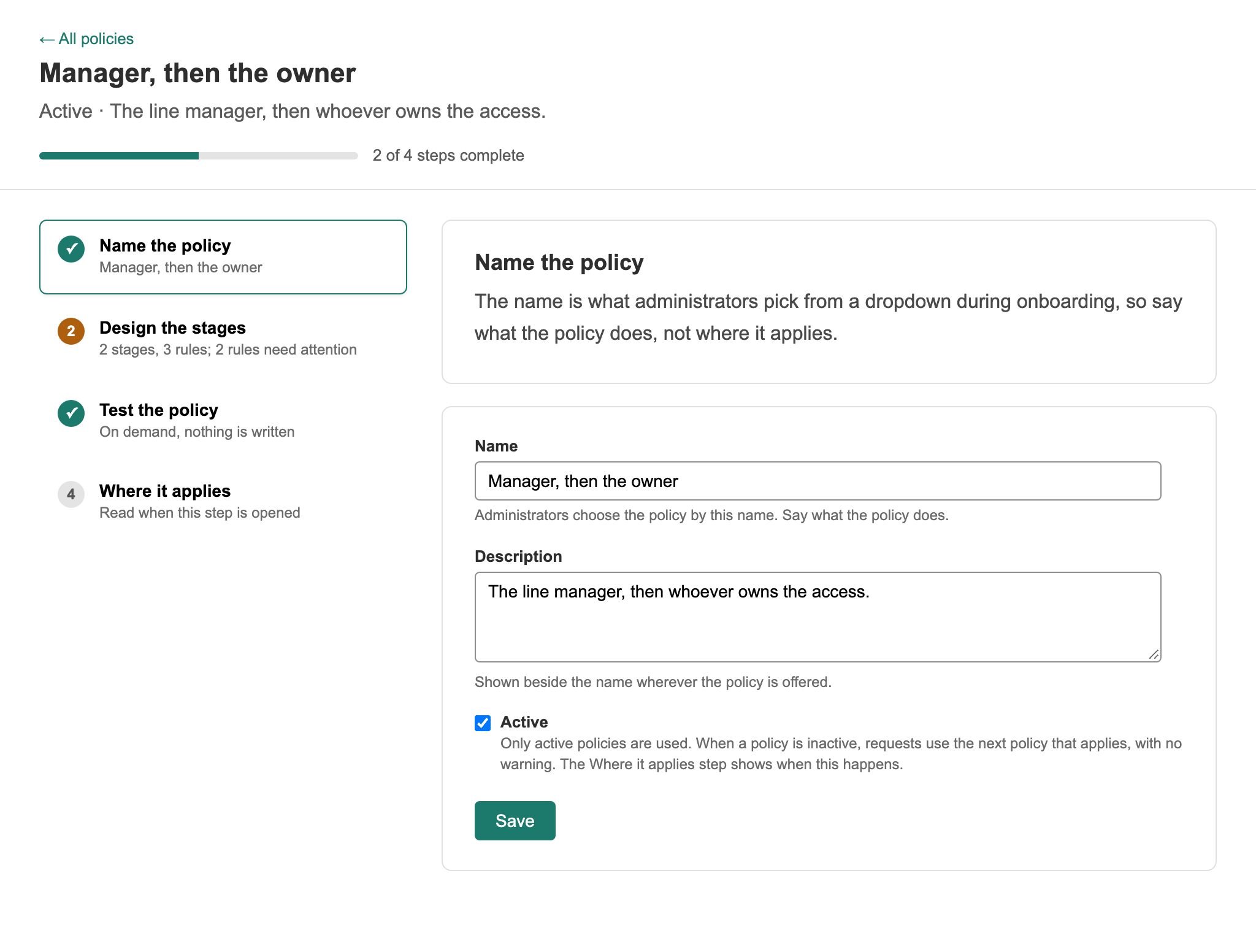 The Name the policy step of the Approval Policy Wizard, with the name Manager, then the owner, a description, and Active ticked