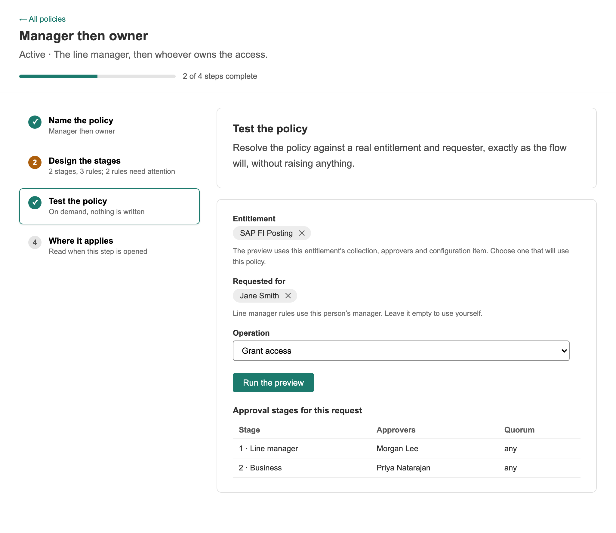 The Test the policy step with SAP FI Posting requested for Jane Smith, showing Morgan Lee approving at stage 1 and Priya Natarajan at stage 2