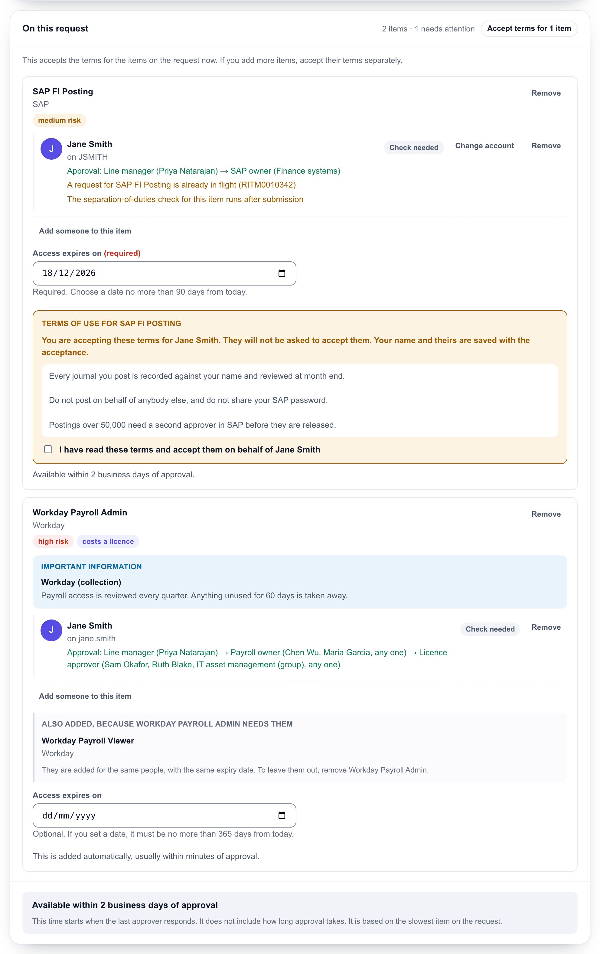 Two items on a request for Jane Smith, each showing her account, who approves it, the expiry date, and the item's terms or important information