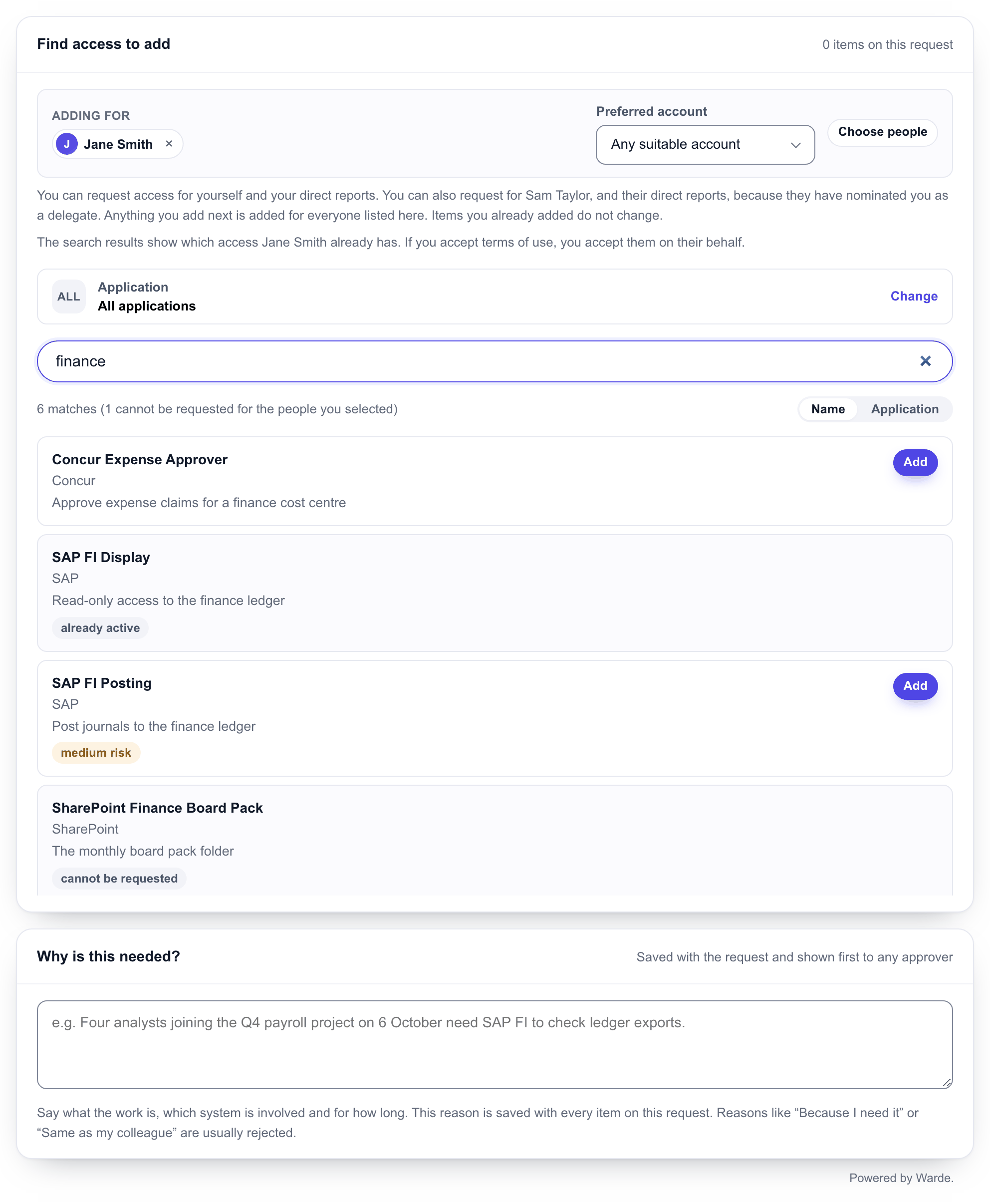 The Request Access form with search results for "finance", and an Add button on each item that can be requested