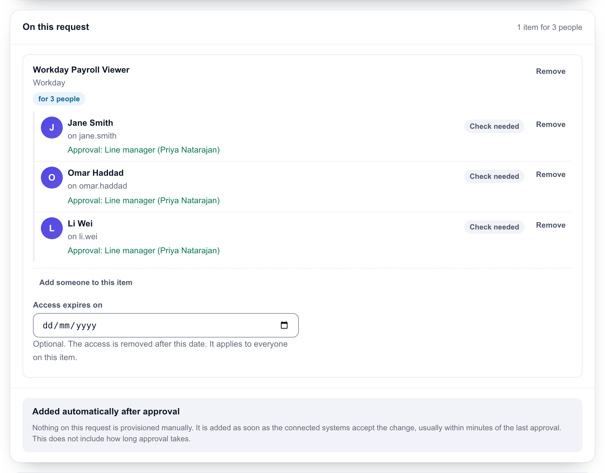 One item on a request for three people, with each person's account and approvers listed under it